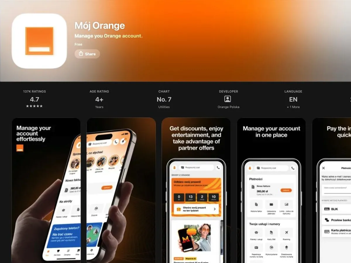 Mój Orange w App Store: 137 tys. ocen, 4,7