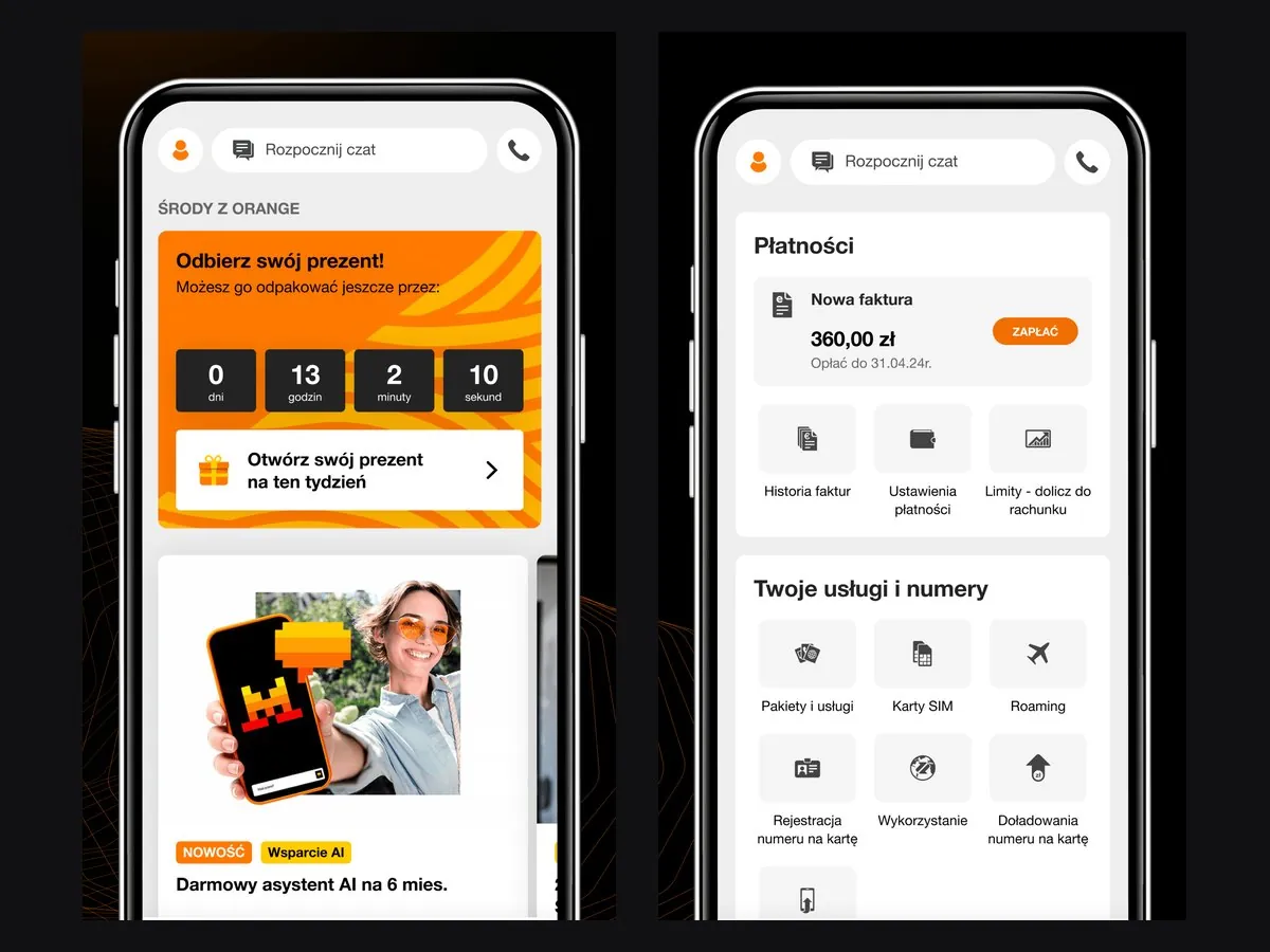 Ekrany aplikacji Mój Orange